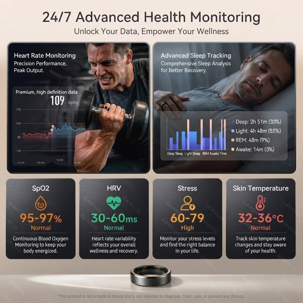 Black smart health ring with visible sensor screen on a flat surface