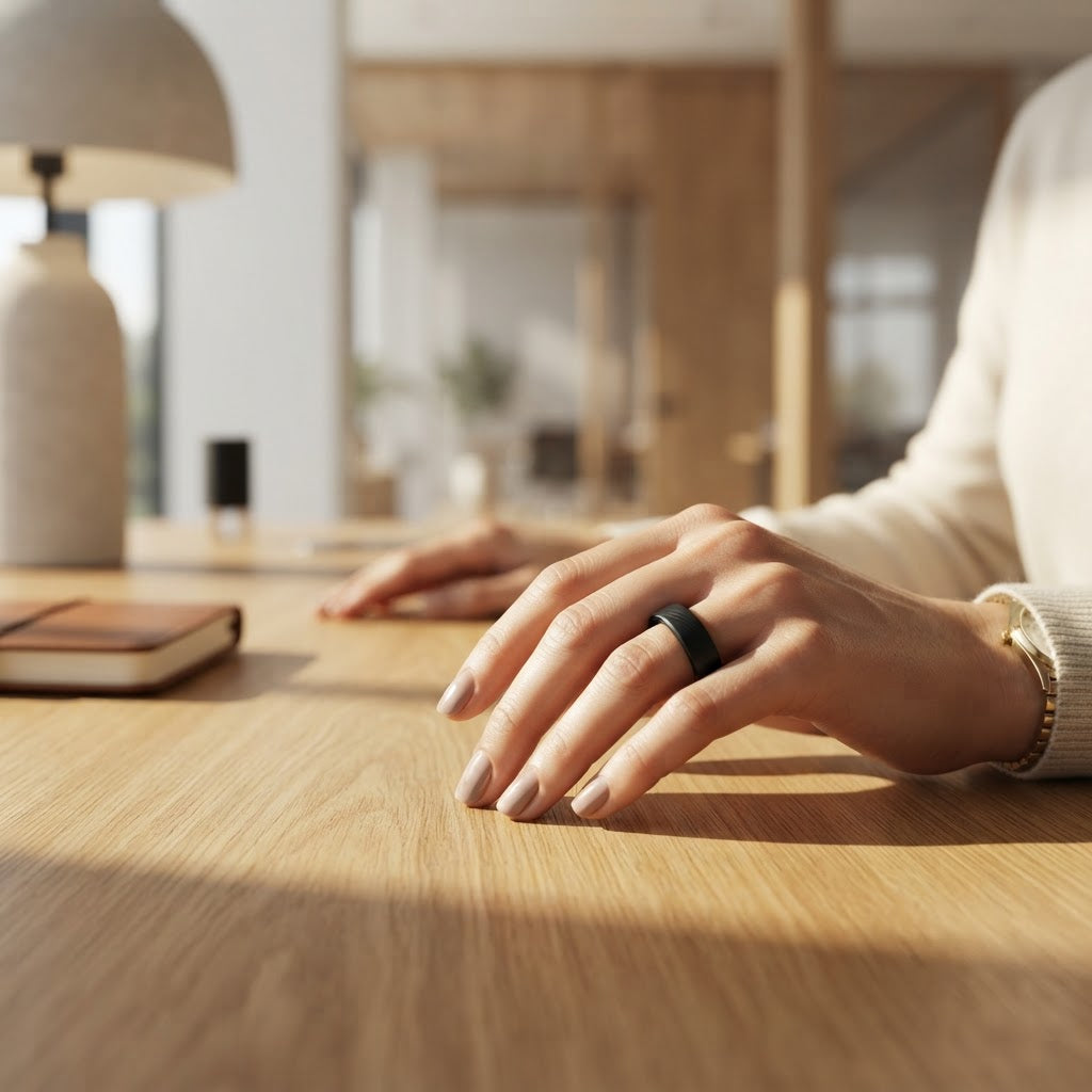 Black smart health ring worn on a hand, close-up view of the band