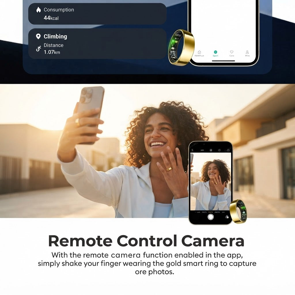 Gold smart ring next to smartphone showing remote camera control