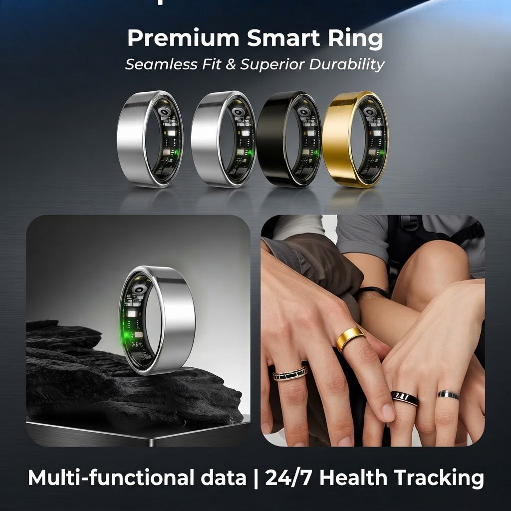 Smart ring set in silver, black, and gold finishes