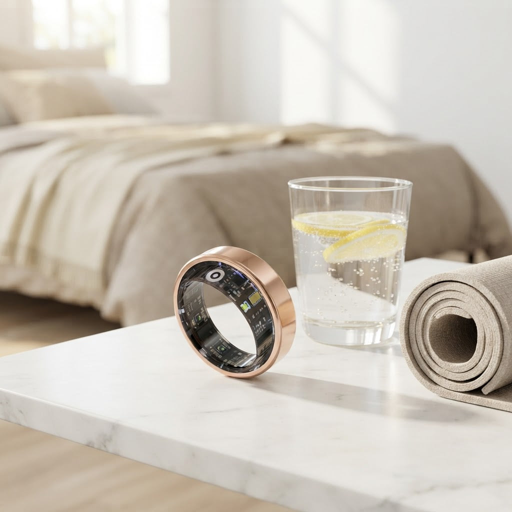 Rose-gold smart health ring on a marble surface near a glass and yoga mat