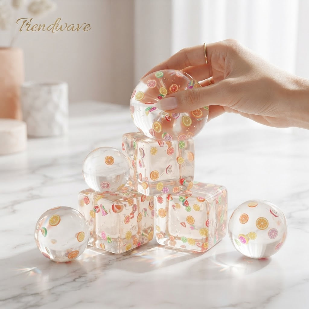 Trendwave™ clear fruit glitter cube stress ball, transparent with colorful fruit slices