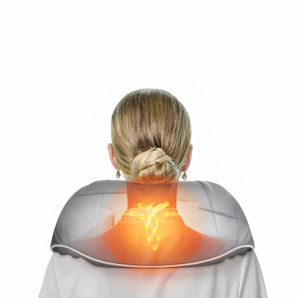 Heated neck and shoulder massager with glowing warmth center