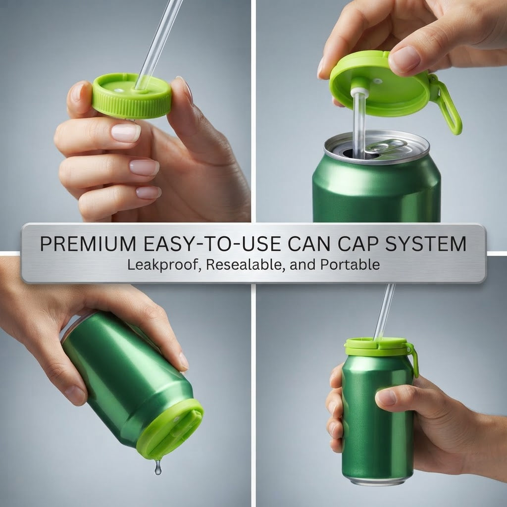 Reusable soda can straw lid cap being placed on a standard can