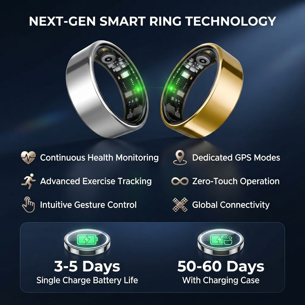 Pair of smart rings in silver and gold with health monitoring display