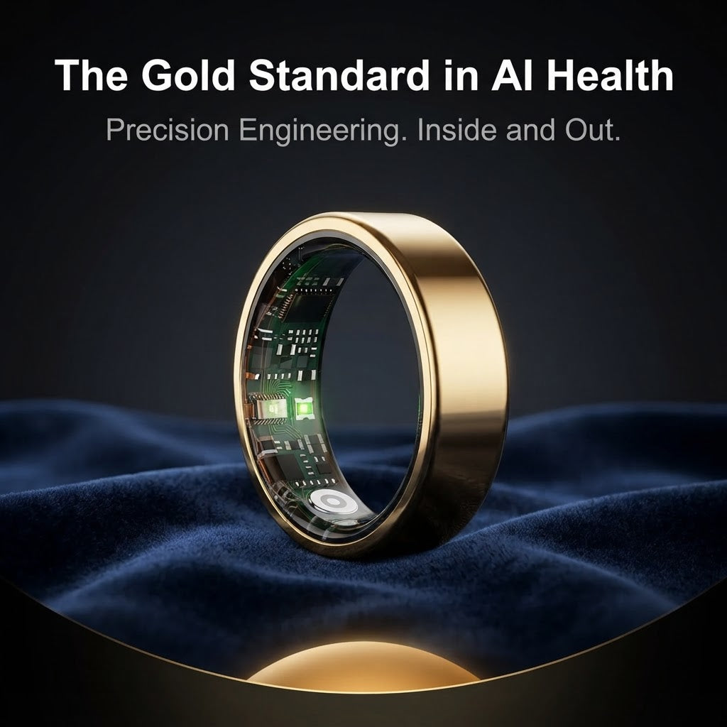 Gold smart health ring standing upright on dark fabric, front sensor window visible