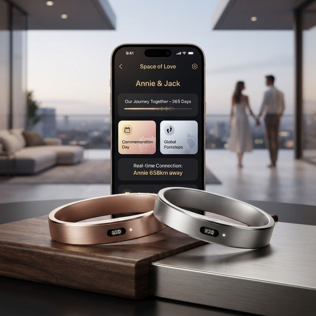 Two smart health rings in gold and silver tones on a wooden display with phone
