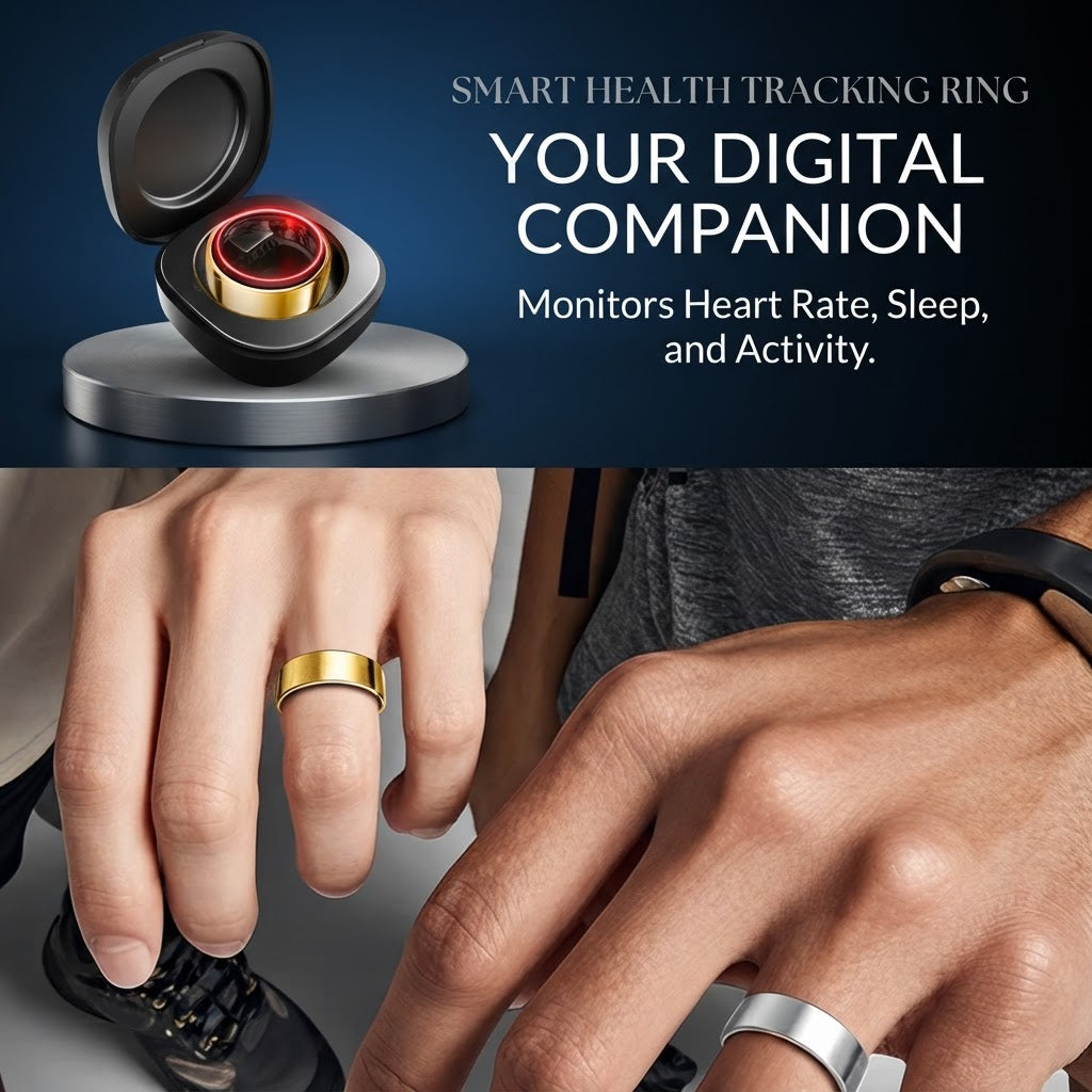 Gold-tone smart health ring on hand beside black charging case with red glowing sensor