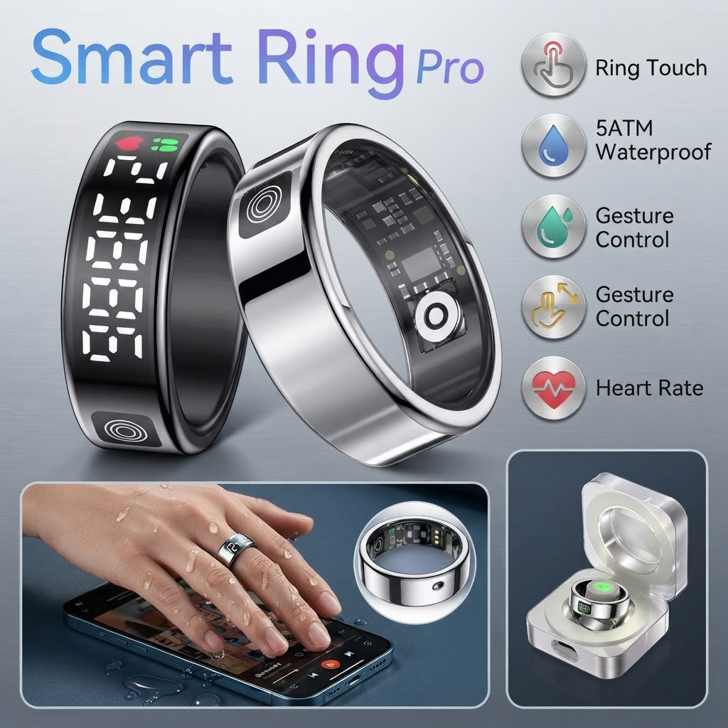 Black and silver smart health ring with touch screen and waterproof design