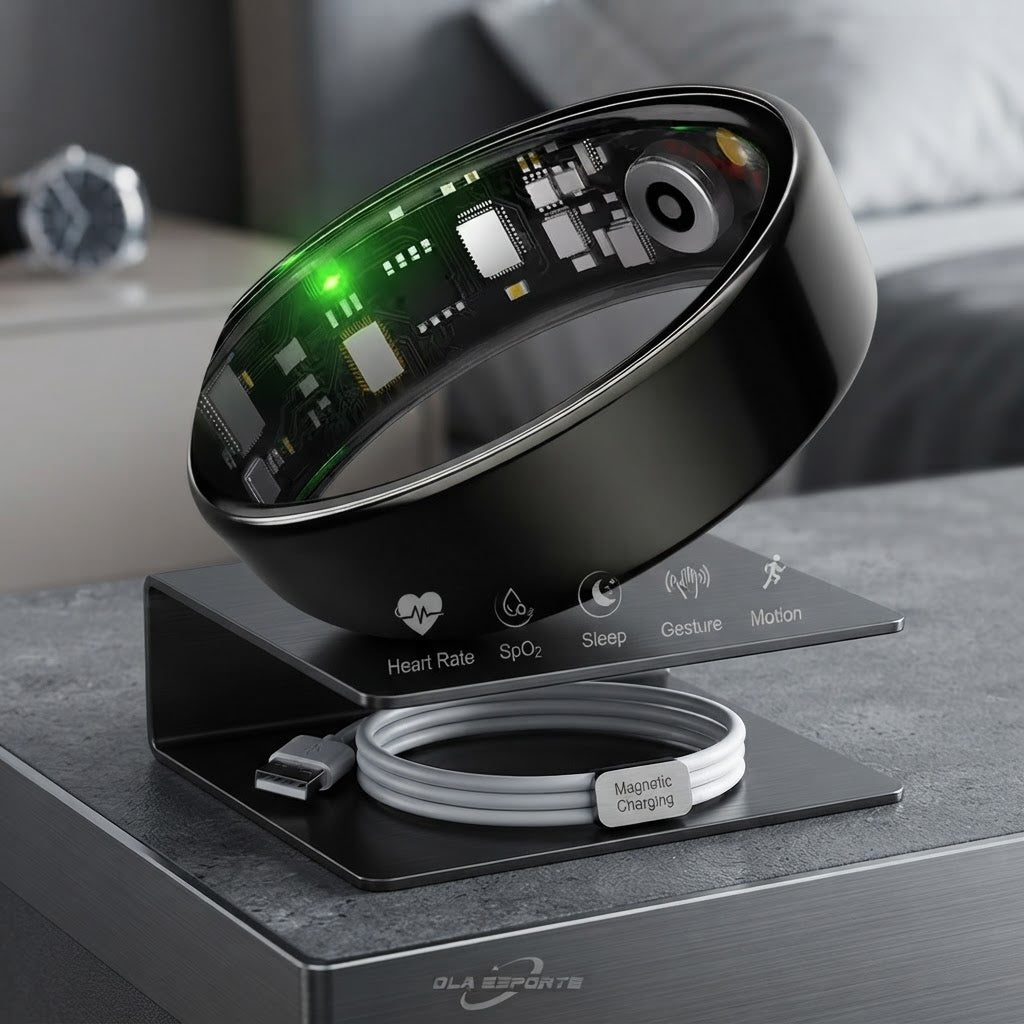 Black smart health ring on charging stand with green LED display and icons