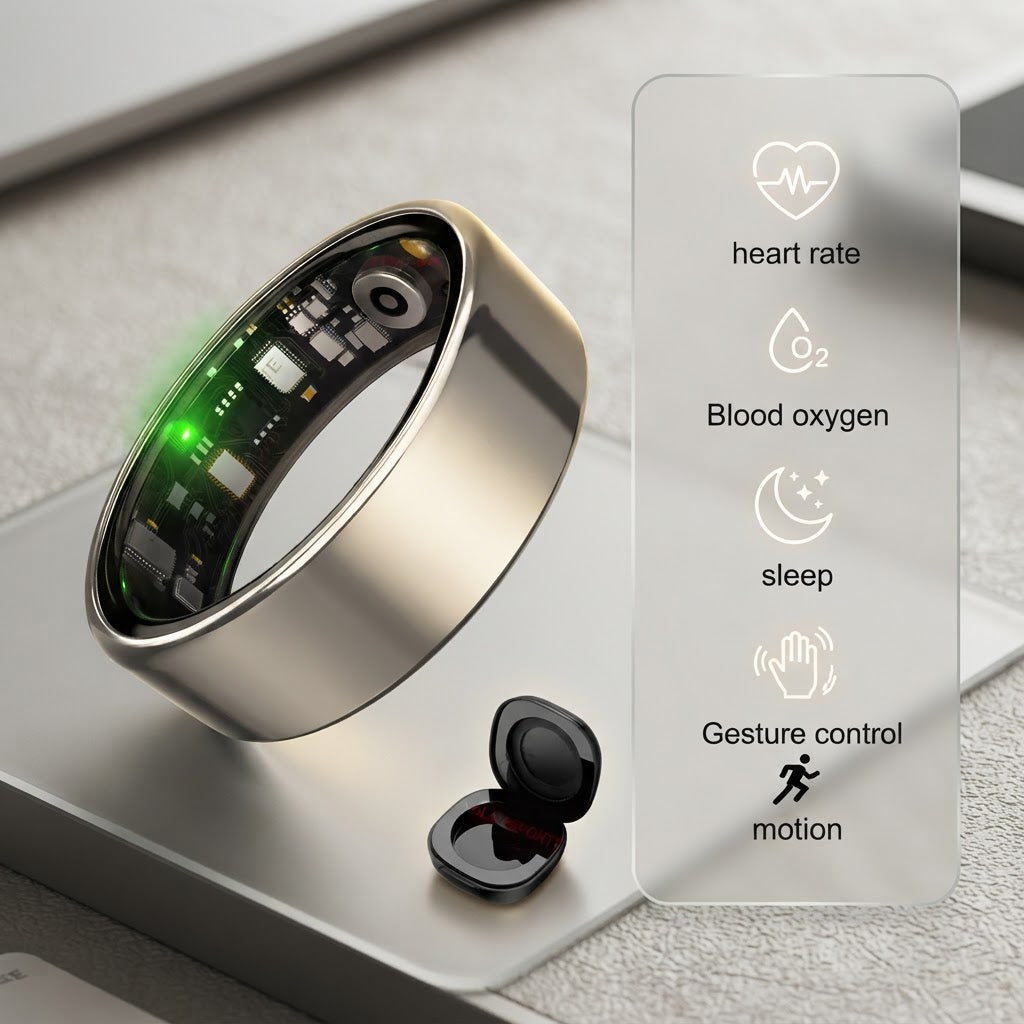 Gold-tone smart ring beside feature panel showing heart rate, blood oxygen, sleep, gestures