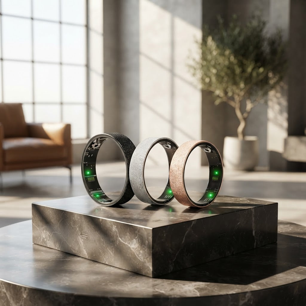 Smart health tracker ring set with black, silver, and gold bands and green LED display.