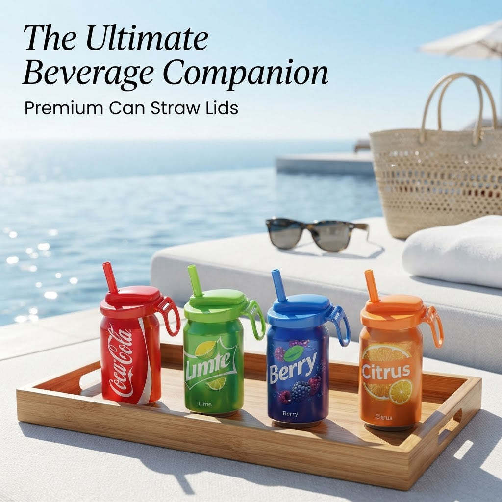 Colorful reusable soda can straw lids with straws, set of four on a tray