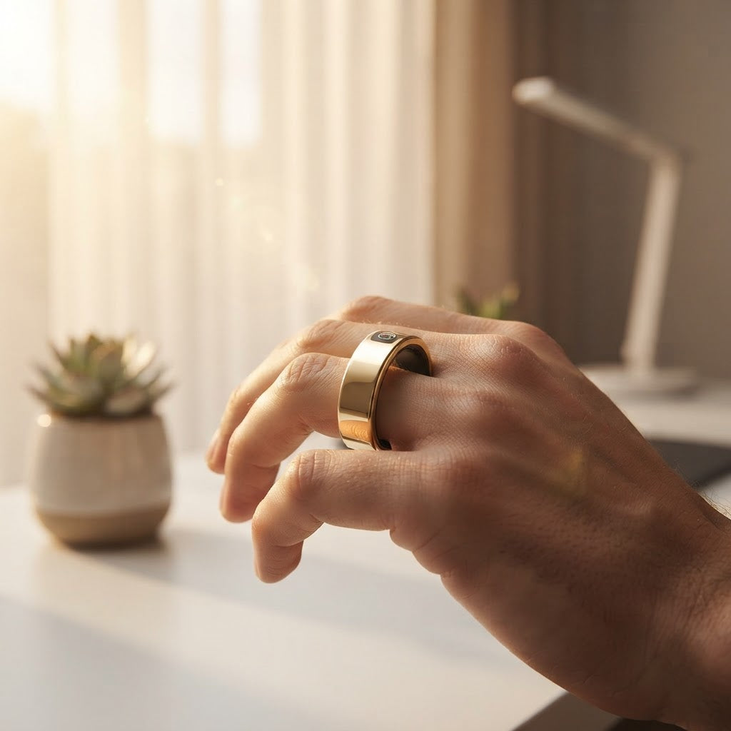 Gold smart ring on finger with slim face and dark sensor area
