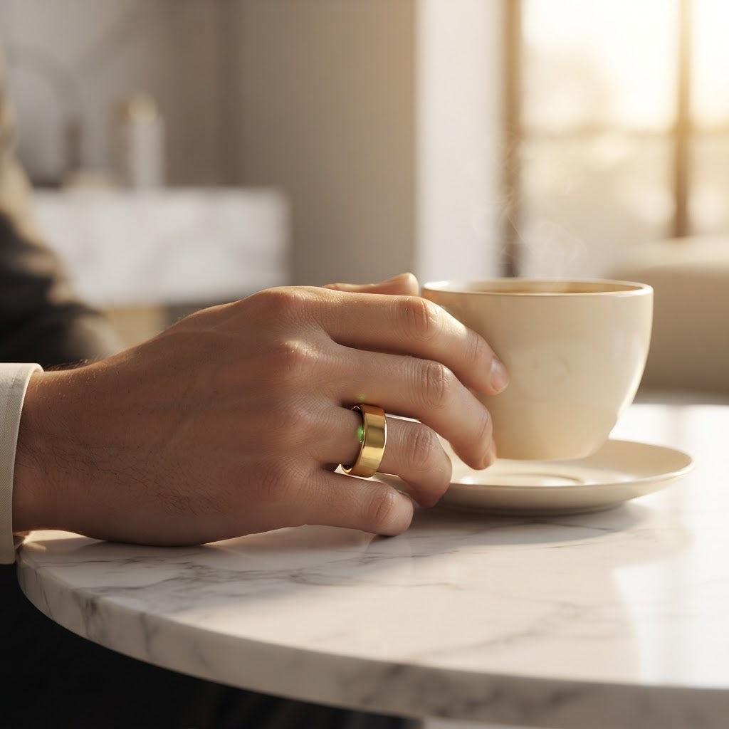 Gold-tone smart ring on hand holding a cup