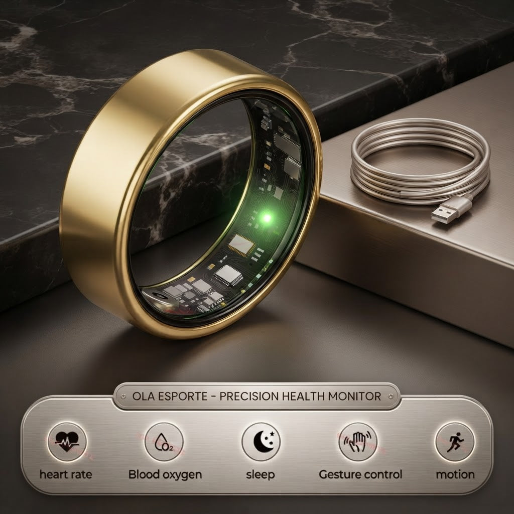 Gold-tone smart health ring on charging base with green indicator light and cable
