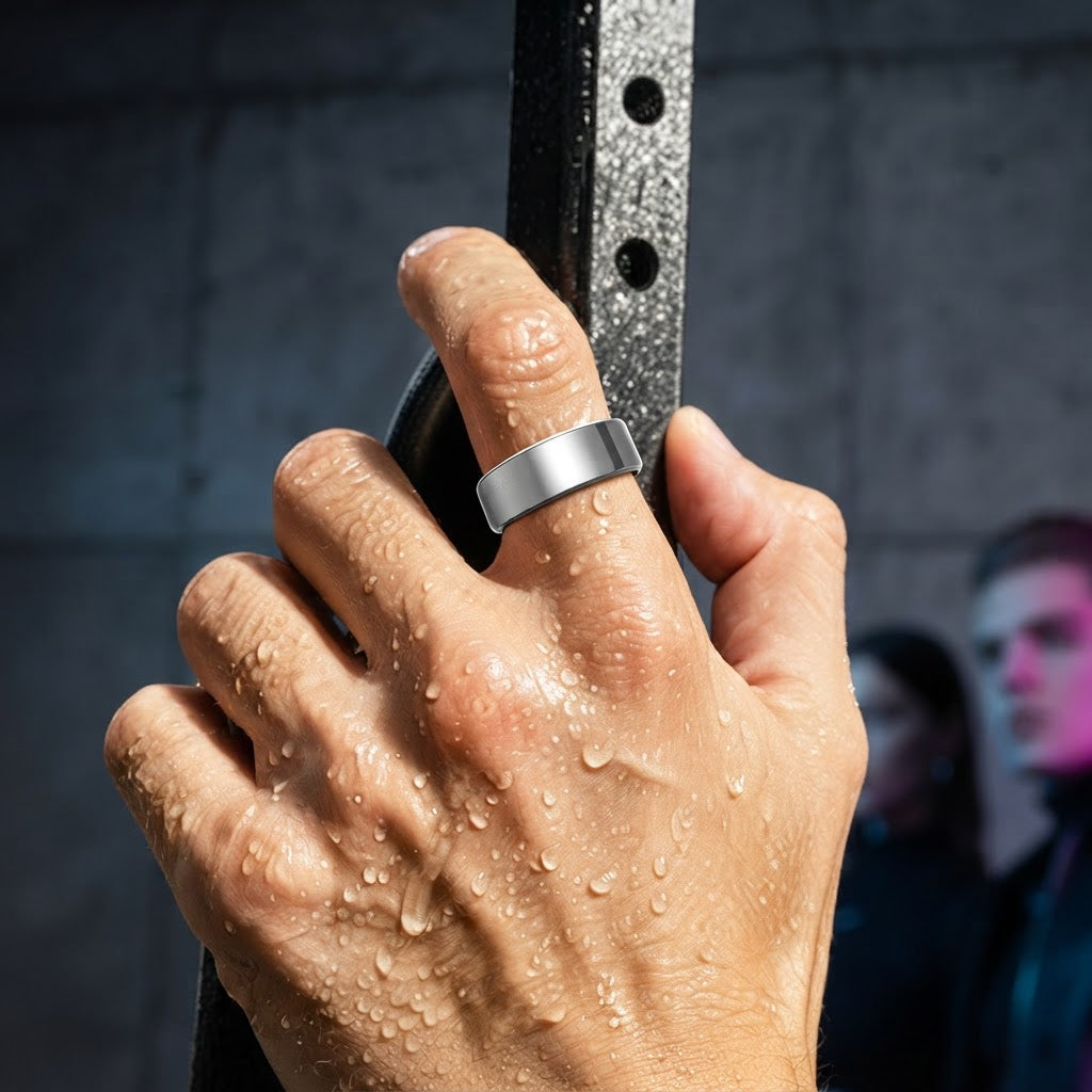 Silver-tone smart ring on fingers with water droplets
