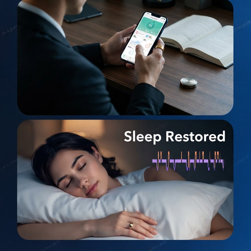 Smartphone displaying sleep tracking while a person rests in bed