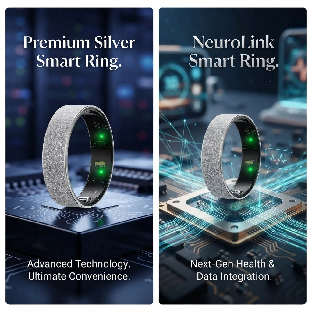 Silver smart health tracker ring with green LED lights along the inner edge.