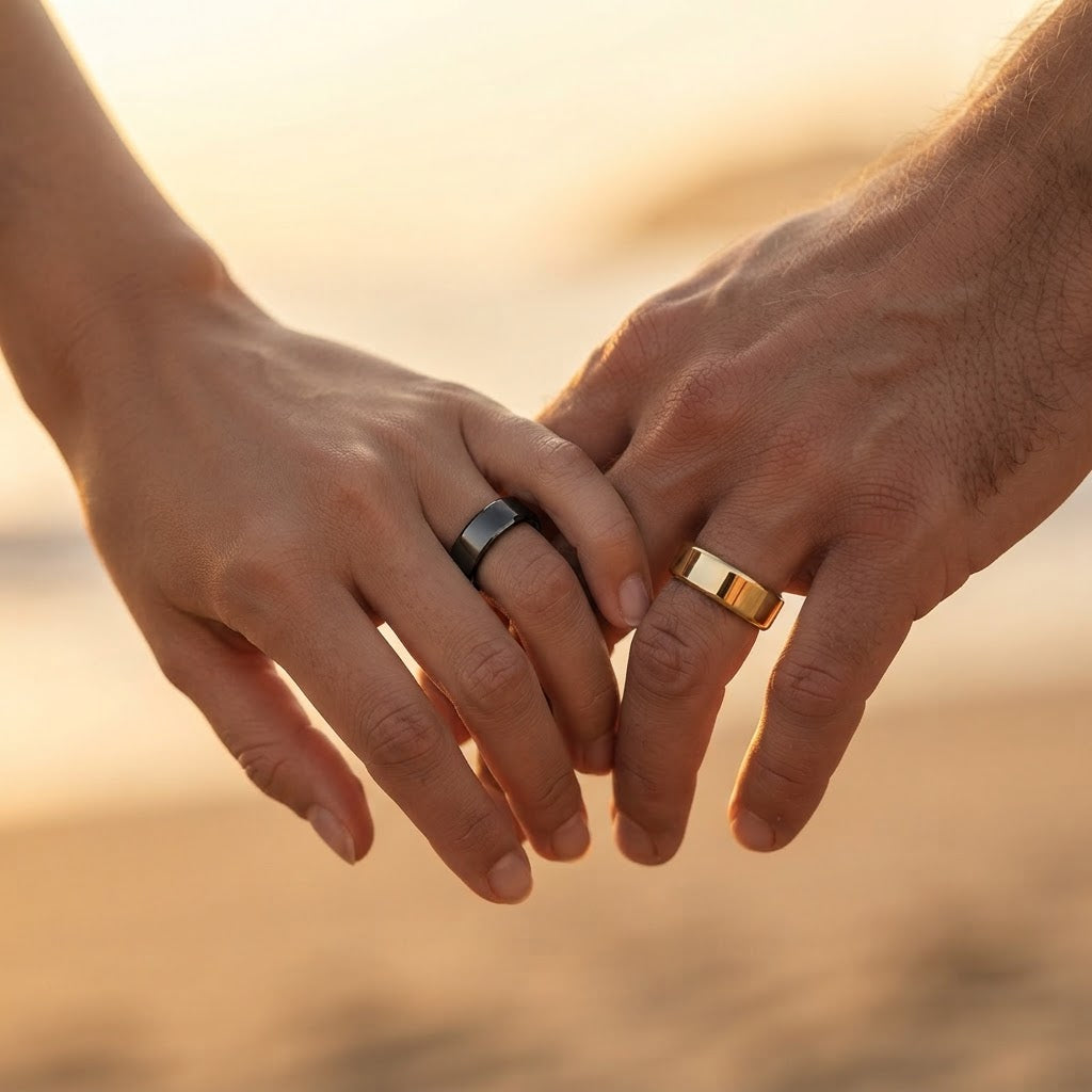 Pair of smart health rings: black ring and gold-toned ring on hands