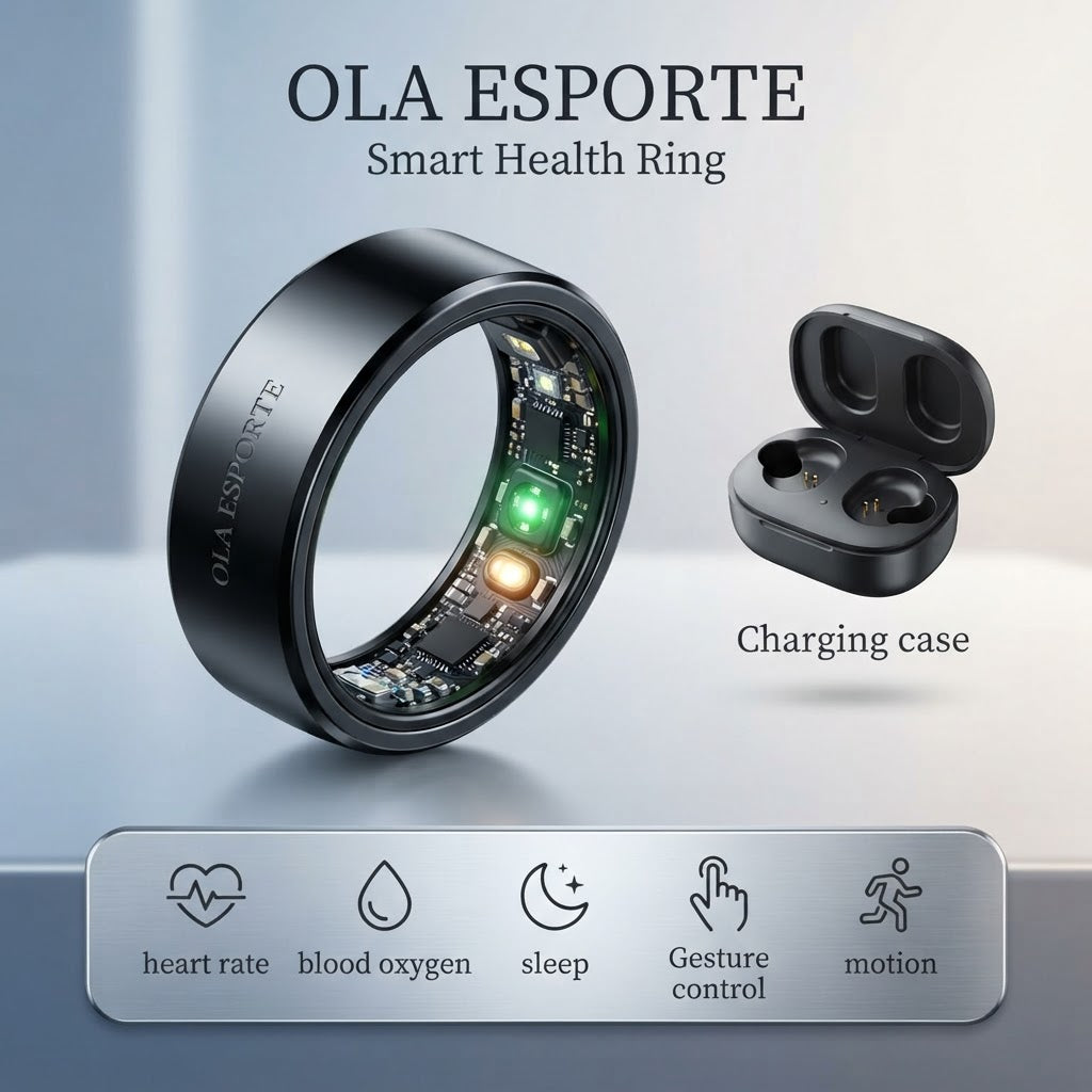 Black smart health ring and charging case with feature icon strip