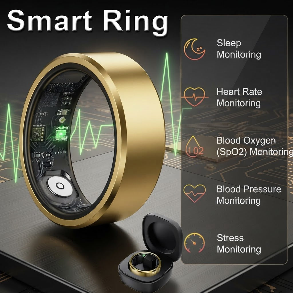 Gold smart ring with illuminated sensor window for health monitoring
