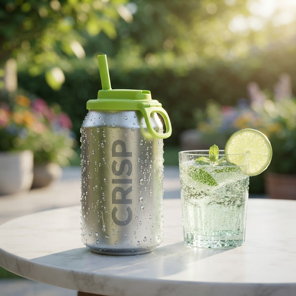 Green reusable soda can lid with straw spout on a carbonation can