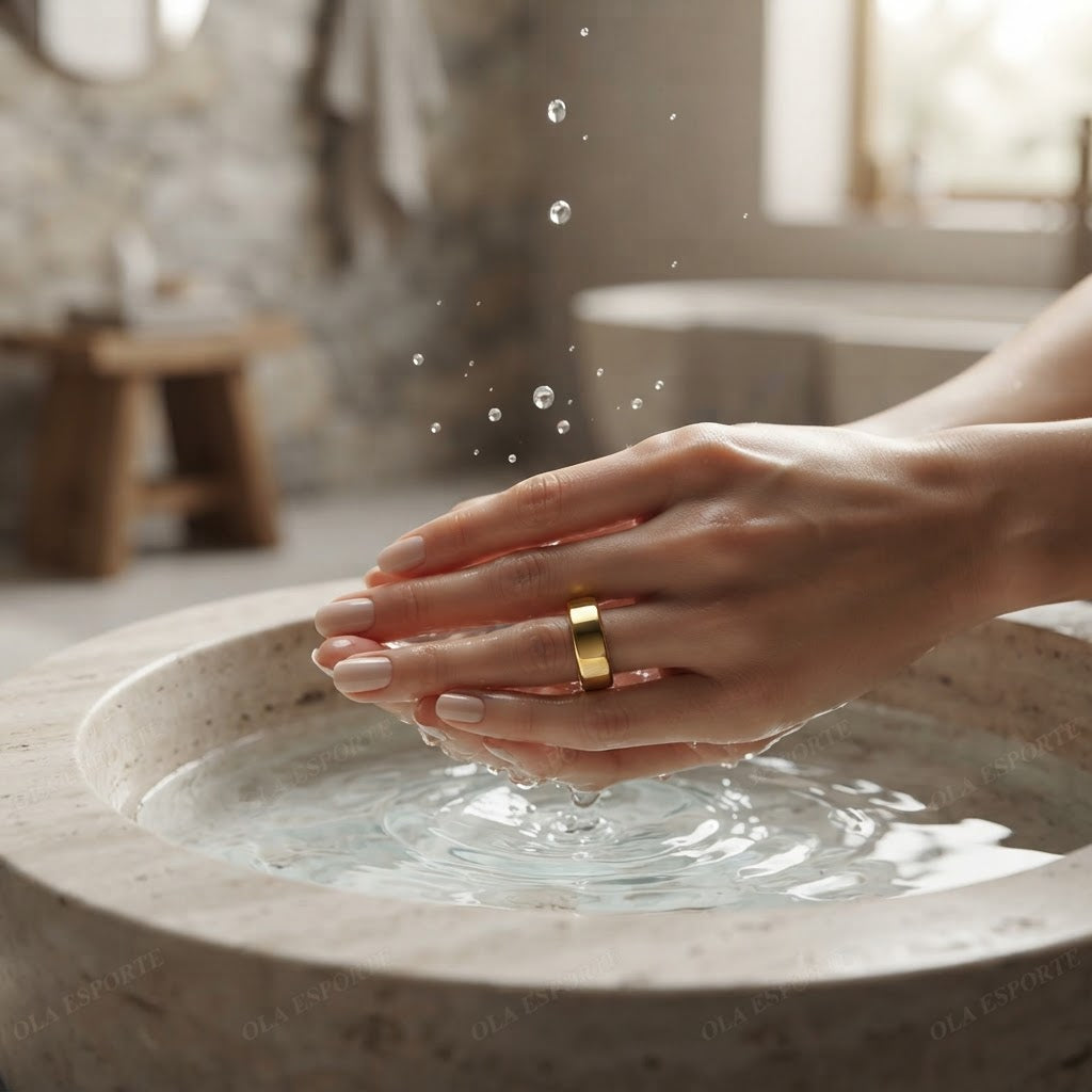 Gold smart ring on hand rinsing under running water