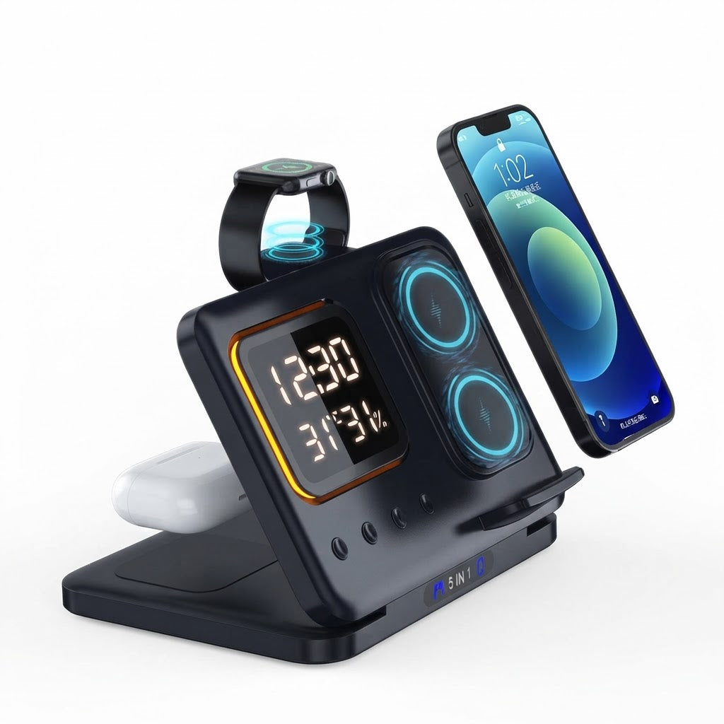 Black 5-in-1 wireless charging station with phone, smartwatch, and earbuds dock