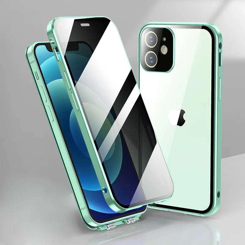 Privacy screen for iPhone: clear film with black privacy stripes on mint device