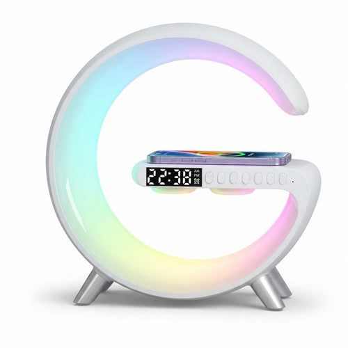 G-Shape smart LED lamp with ring LED colors and digital display on white base