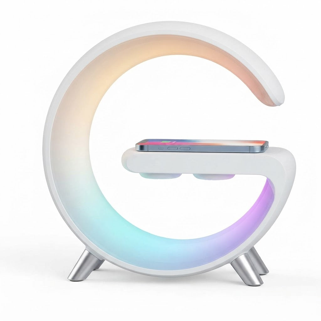 G-Shape smart LED lamp with circular ring glow and white base on tripod feet