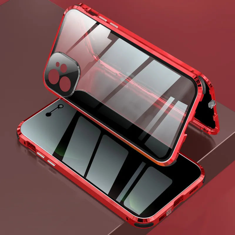 Privacy screen for iPhone with clear film on red case, folded over phone