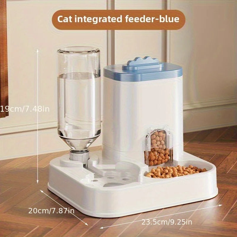 Automatic pet feeder and water dispenser in white with clear water tube and blue lid
