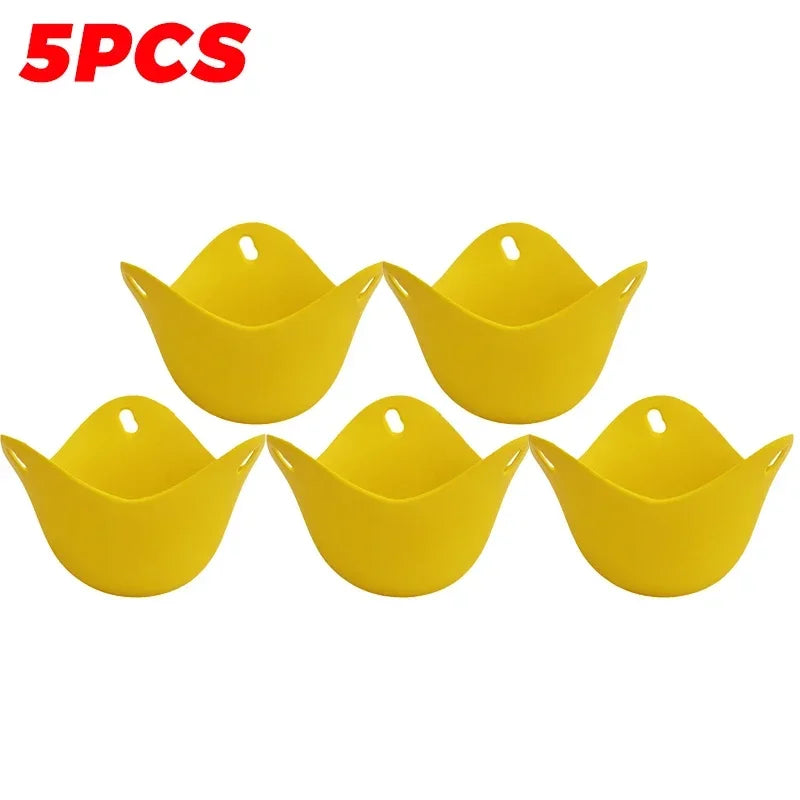 Five yellow silicone egg poacher cups set for poaching eggs.
