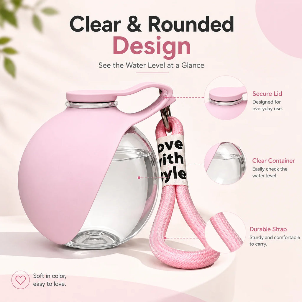 Pink portable pet water bottle with clear rounded container and secure lid