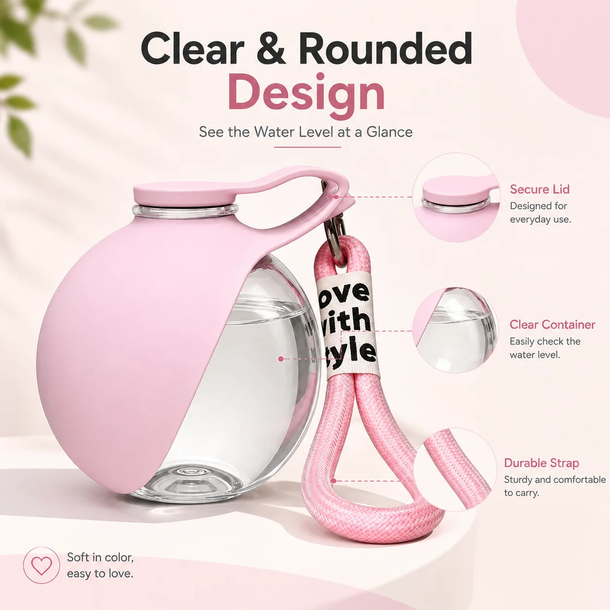 Pink portable pet water bottle with clear rounded container and secure lid