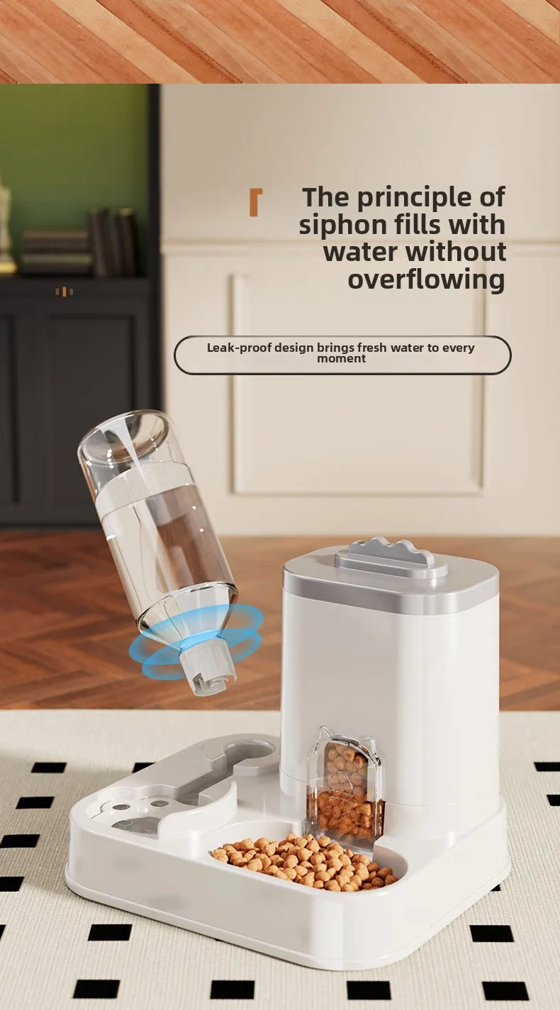 Automatic pet feeder and water dispenser with clear water tank and white base, gray lid
