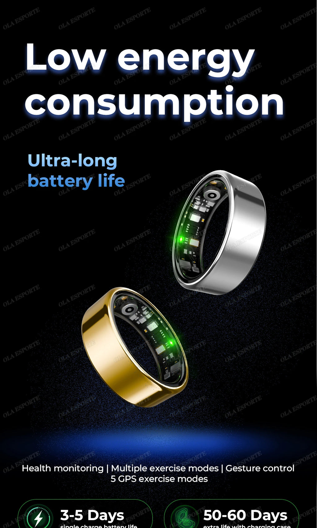 Smart health tracking rings with silver and gold metal bands and green activity indicators