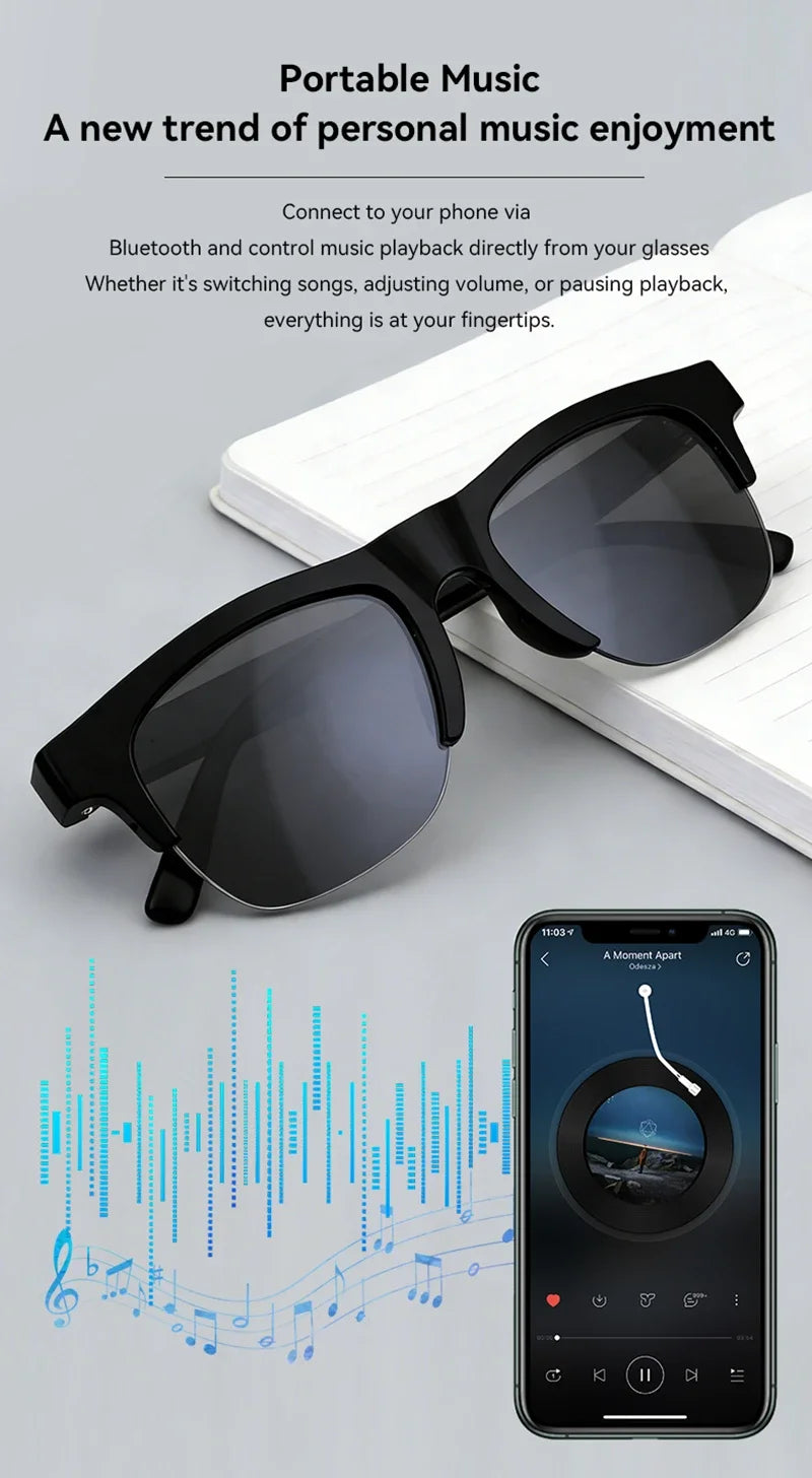 Smart AI sunglasses with black frames and dark lenses, showing wireless music use.
