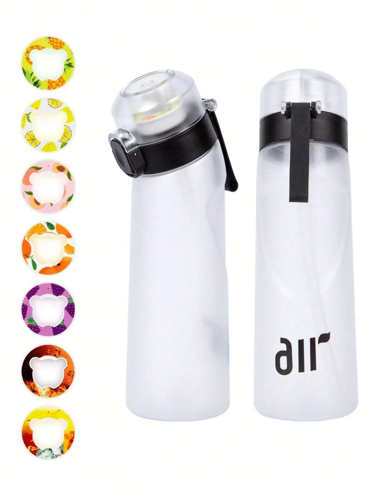 Clear white transparent air water bottle with straw and black flip-top lid, two views.