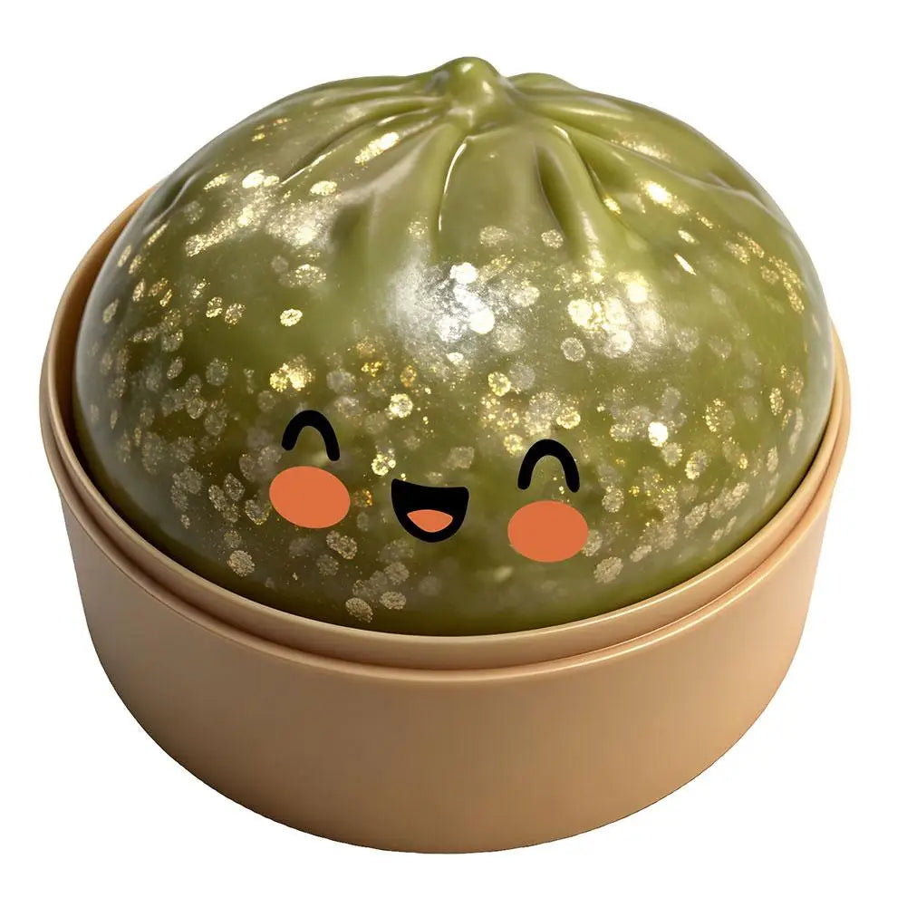 Olive green glitter dumpling squishy stress ball toy with cute smiling face