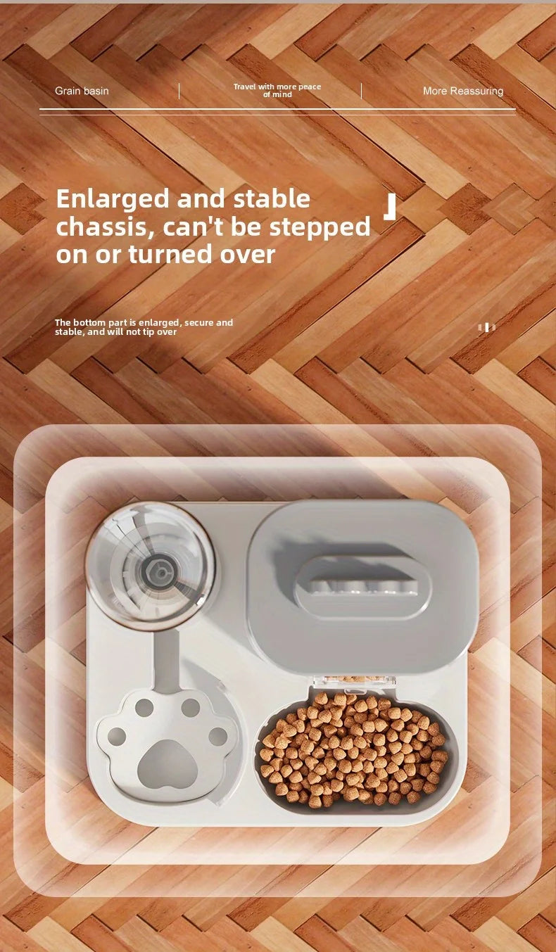 Automatic pet feeder and water dispenser top view showing food and water compartments