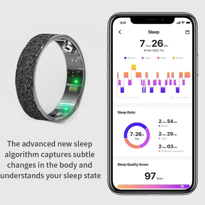 Textured smart health tracker ring beside phone screen showing sleep data