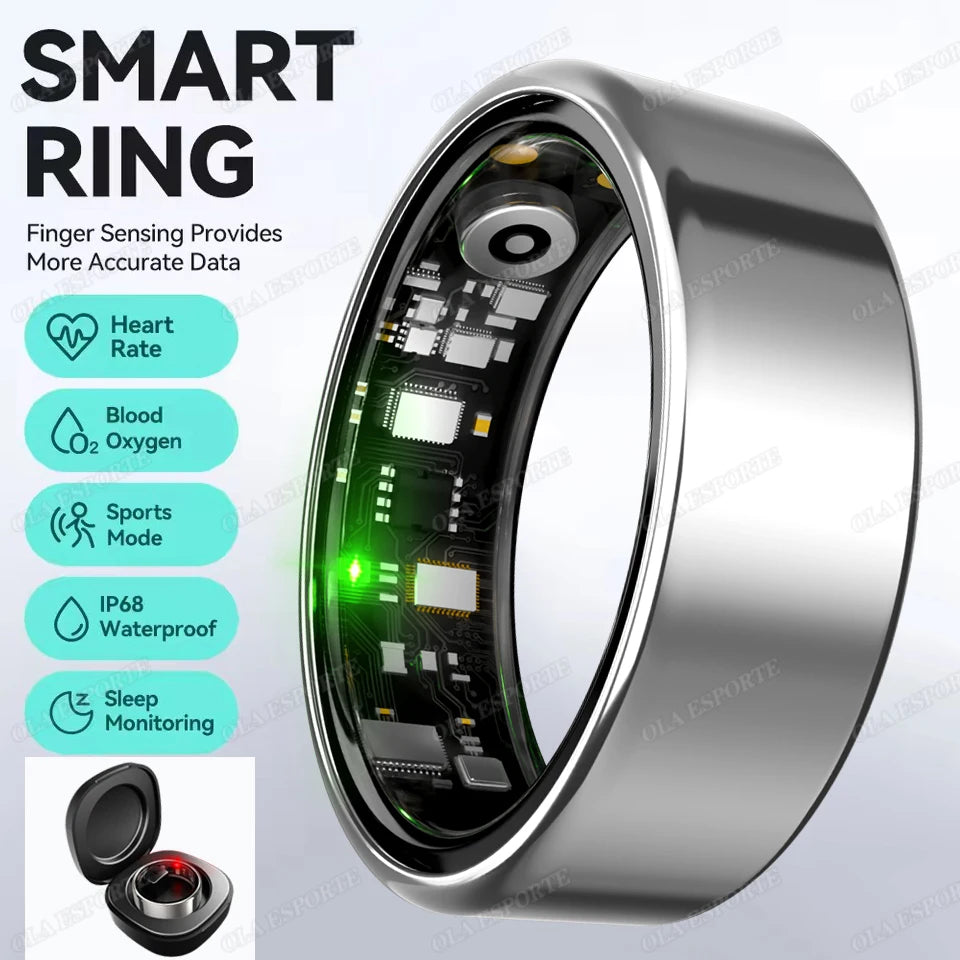 Silver smart health ring with glowing sensor interior, angled front view
