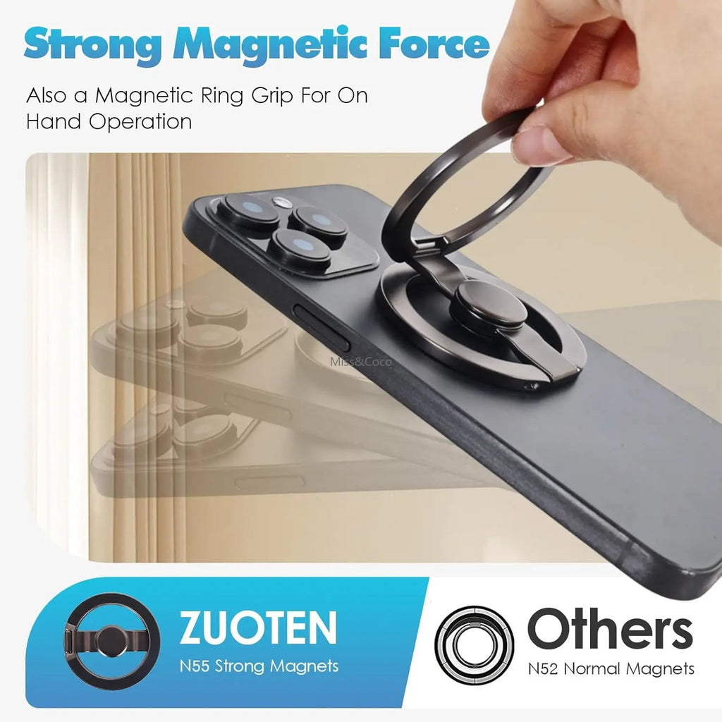 Black magnetic ring phone holder with hand grip and rotating base on a tabletop