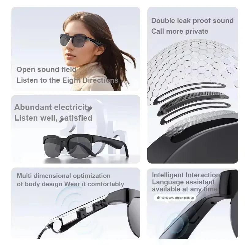 Black smart audio glasses with dark lenses and comfortable, curved nose bridge