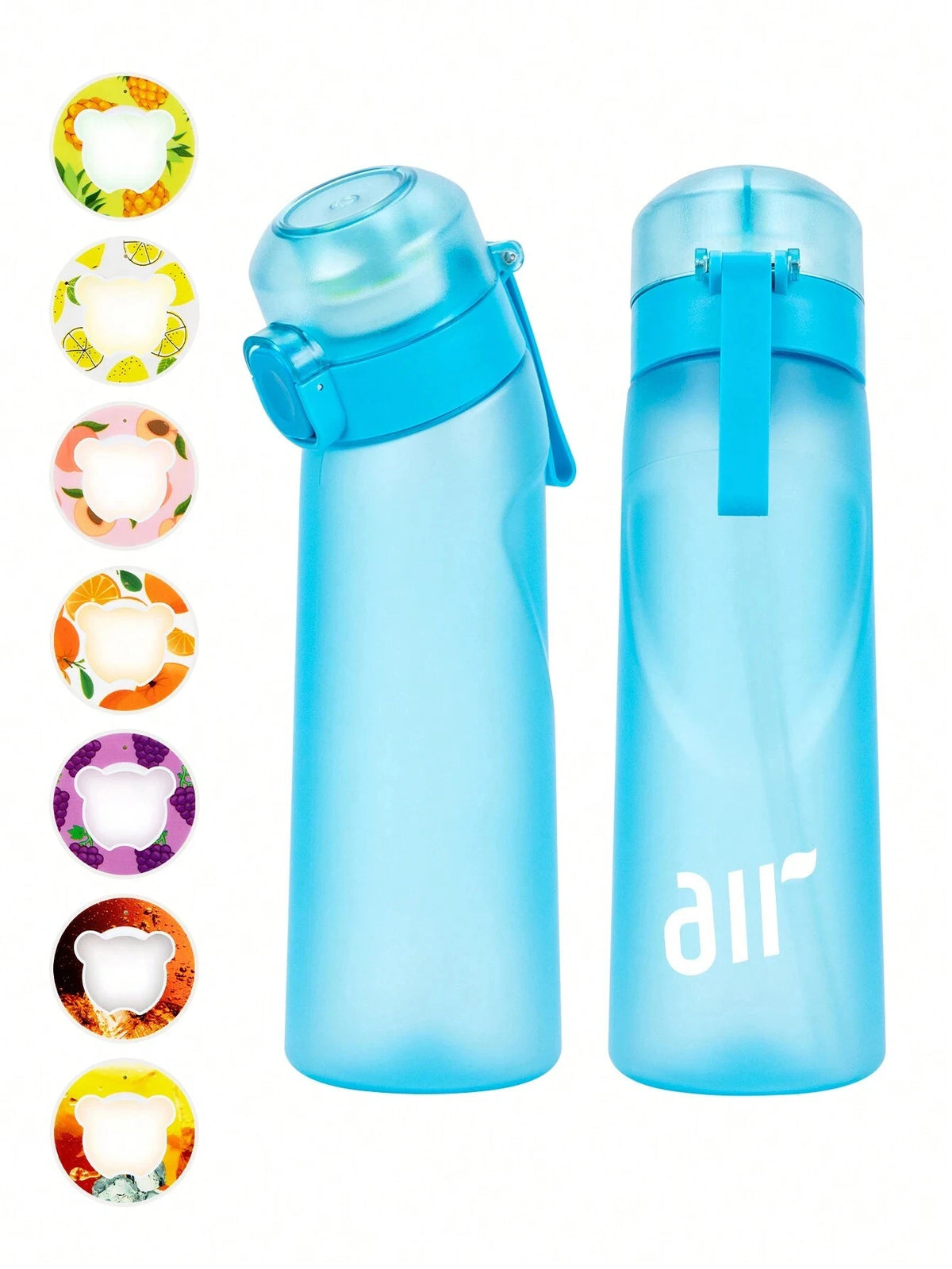 Light blue transparent air water bottle with built-in straw and flip-top lid, two views.