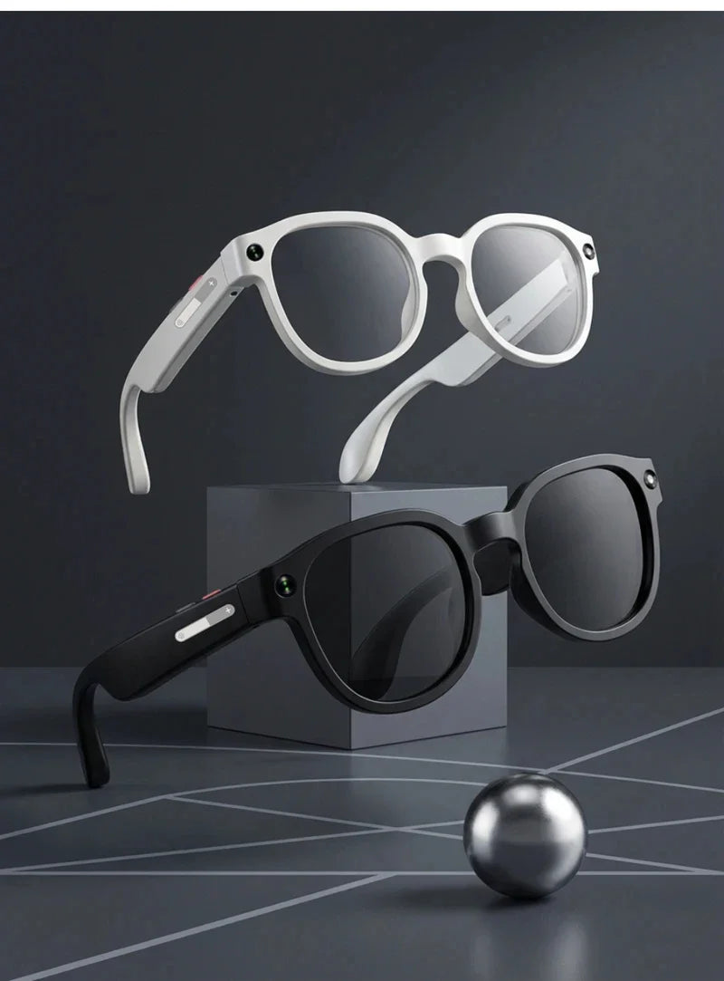Smart AI glasses with white frames and mirrored lenses, plus black spare pair