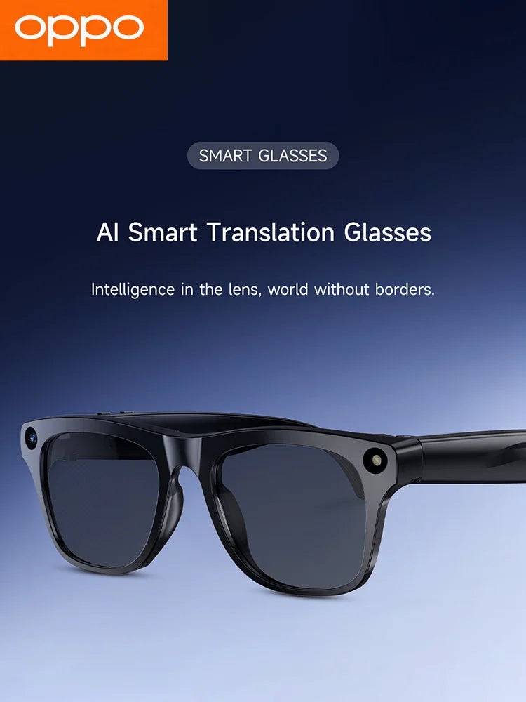 Black smart translation glasses with dark tinted lenses, front view
